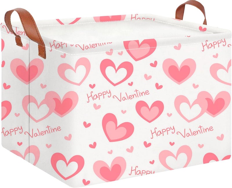 CLOCOR Rectangular Pink Valentines' Gift Basket Collapsible Cute Pattern Storage Bin,Waterproof Books Box with Handles,Storage Basket(Pink Happy Valentine) - Image 1